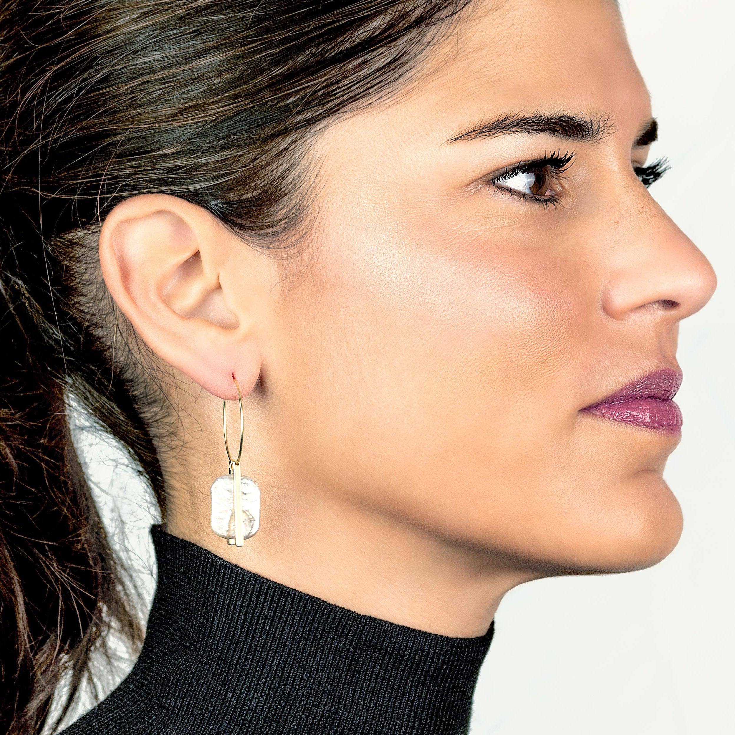 Pendientes aro oro con perla rectangular SQUARE - KIREI
