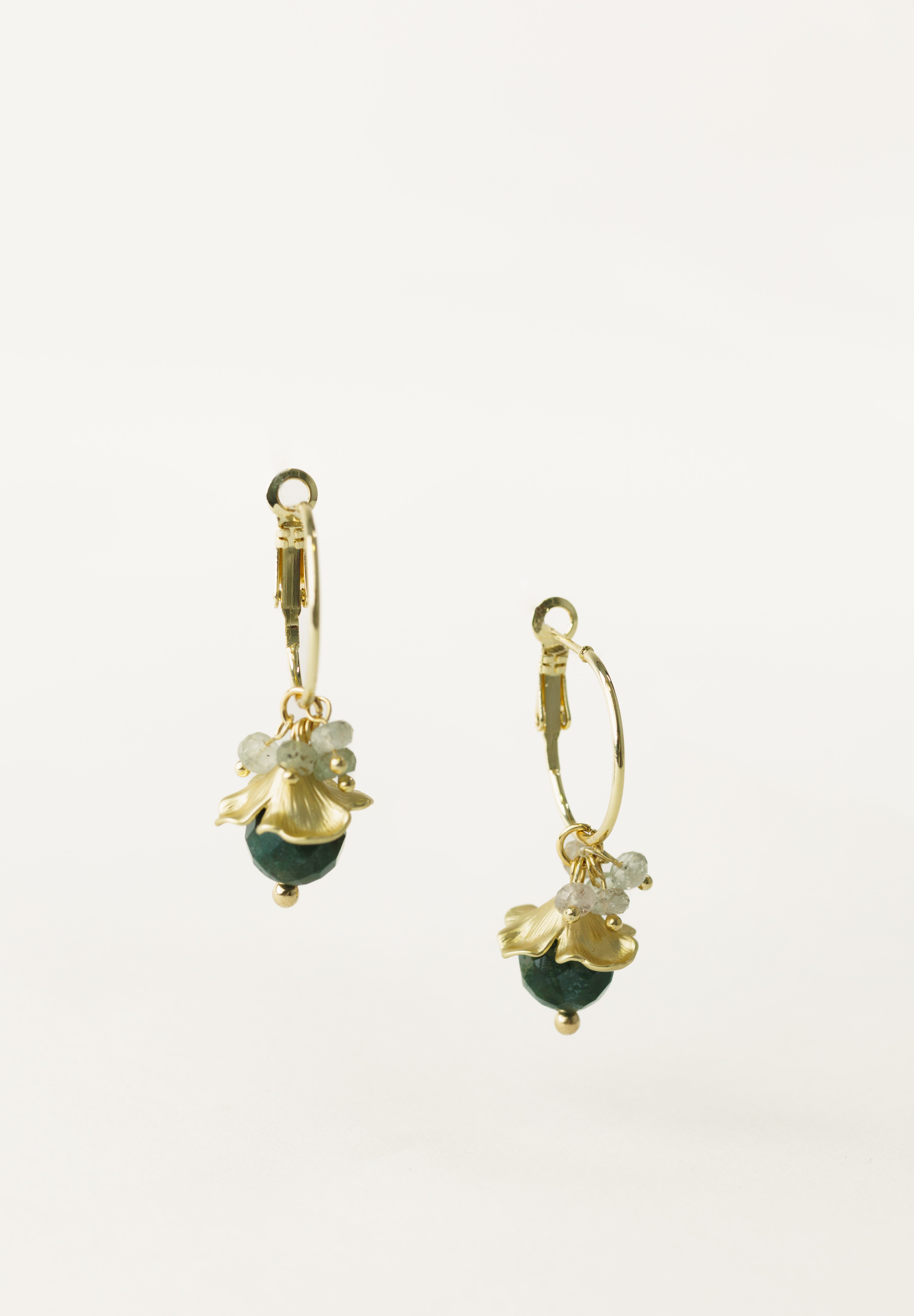 Pendientes aros acero inxidable baño oro, ágatas y zafiros  BLOSSOM - KIREI 