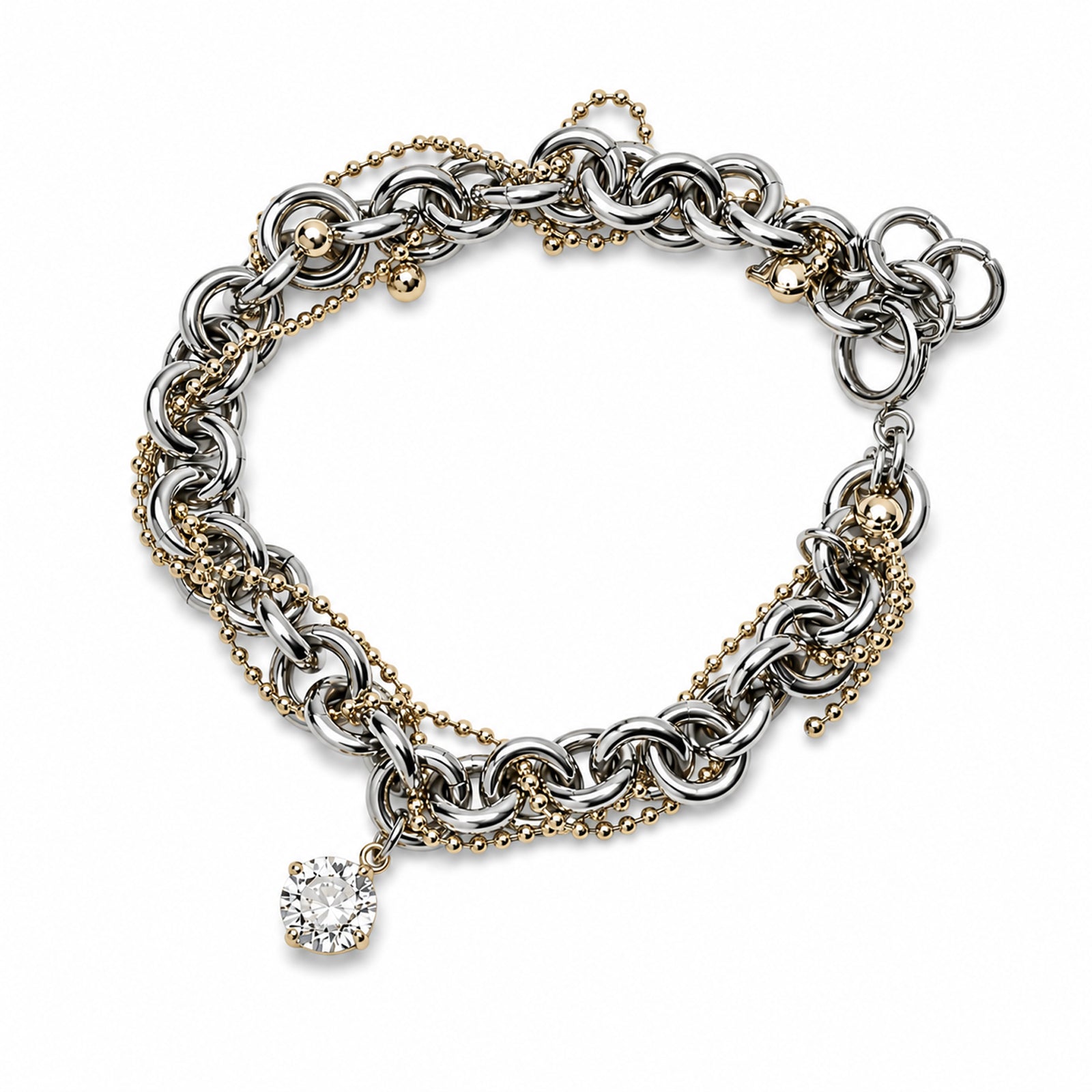 Pulsera OVERLAY STEEL de acero con detalles dorados y charm de circonita – Kirei Jewellery