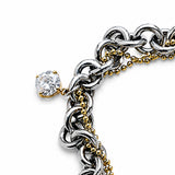 Detalle de pulsera OVERLAY STEEL con charm de circonita y cadenas de bolas doradas – Kirei Jewellery