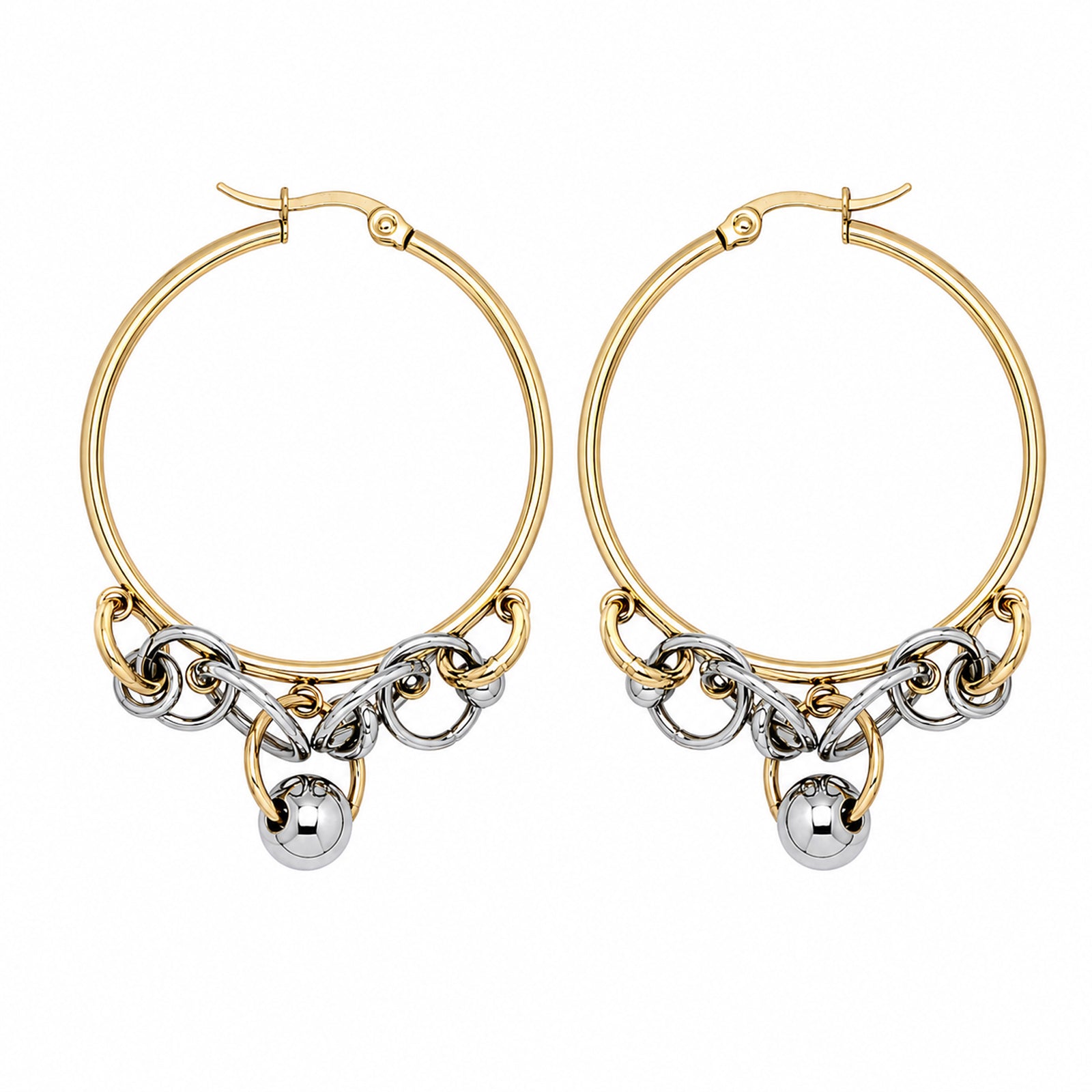 Pendientes de aro XL GRAVITY dorados y plateados con anillas móviles – Kirei Jewellery