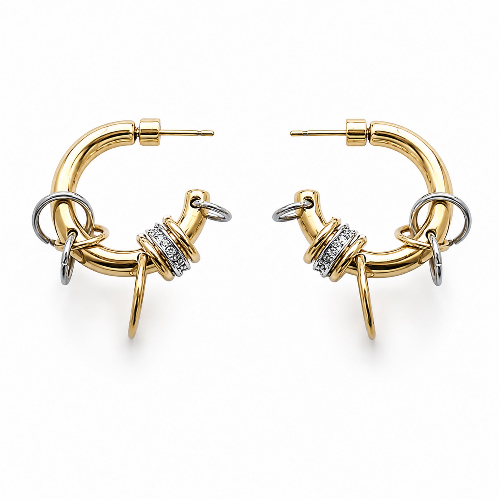 Pendientes NODE GOLD bicolor con anillas y circonitas – Kirei Jewellery