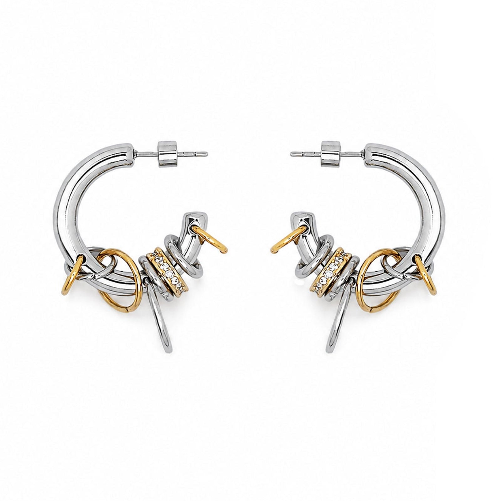 Pendientes NODE STEEL bicolor de acero con anillas y circonitas – Kirei Jewellery