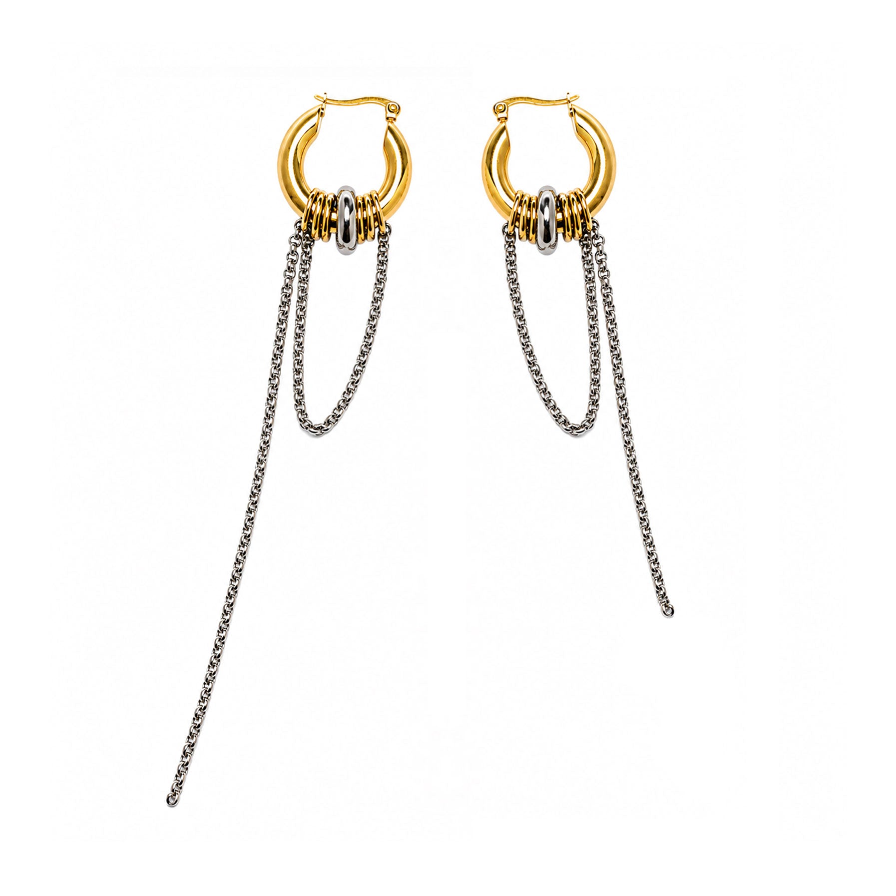 Pendientes asimétricos OFFSET dorados con cadenas largas de acero – Kirei Jewellery