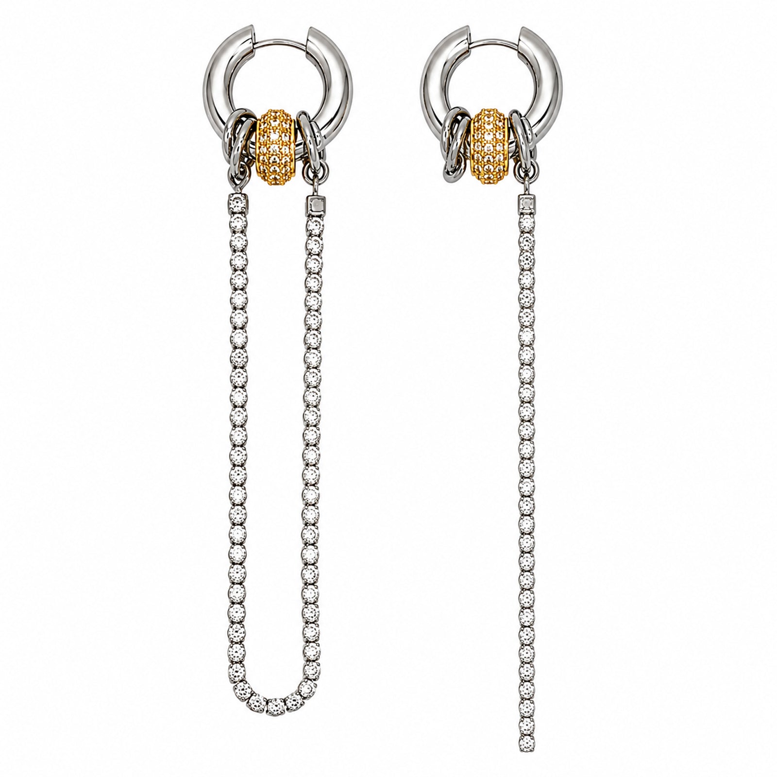 Pendientes asimétricos STREAM de acero con circonitas y cadena de strass – Kirei Jewellery
