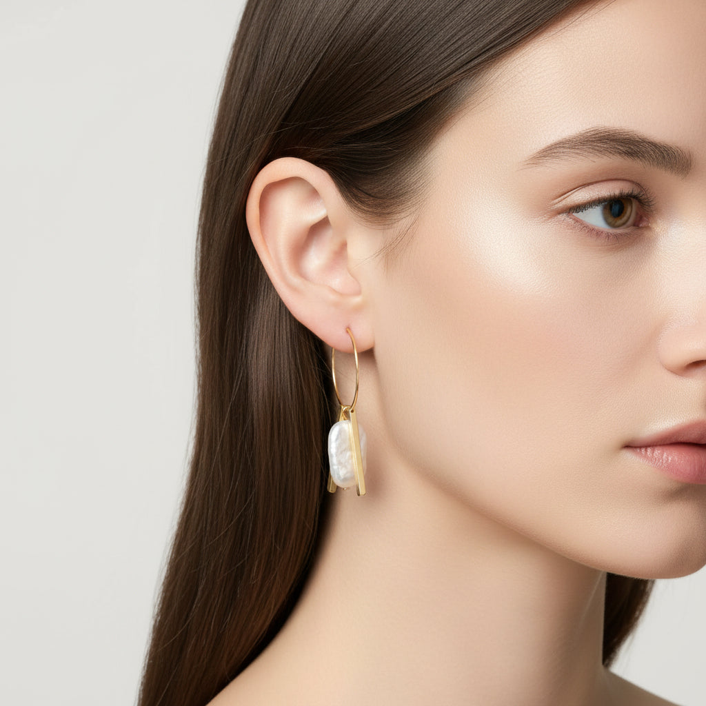 Pendientes aro oro con perla rectangular SQUARE - KIREI 